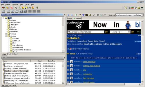 AGStreme main window with music collection, built-in browser and transfers