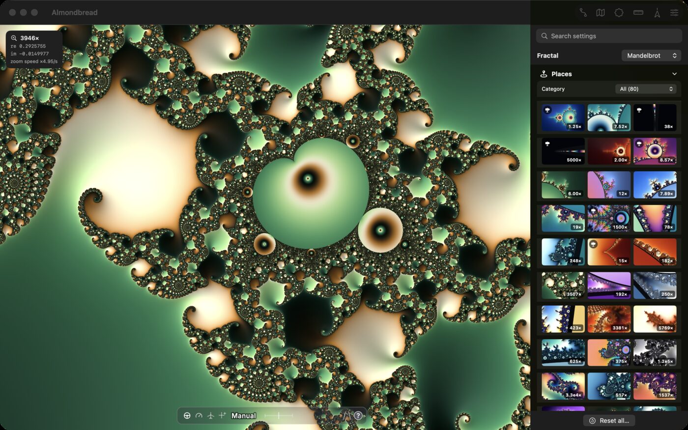 The almondbread window: green and cream ridges among the elephants at a zoom of about 4000, the control center on the right with the fractal choice at the top and the place catalogue as thumbnails