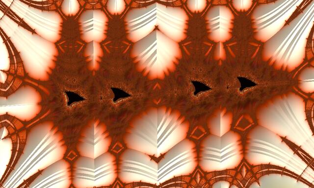 Four small black ships in a row along a glowing copper band, under white arches