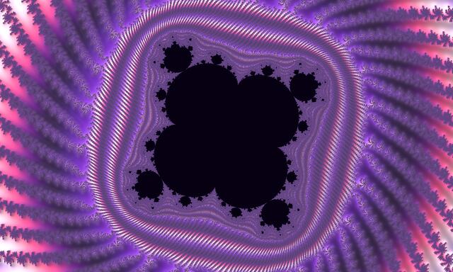 A small copy of the five-fold Multibrot set in a violet and pink frame