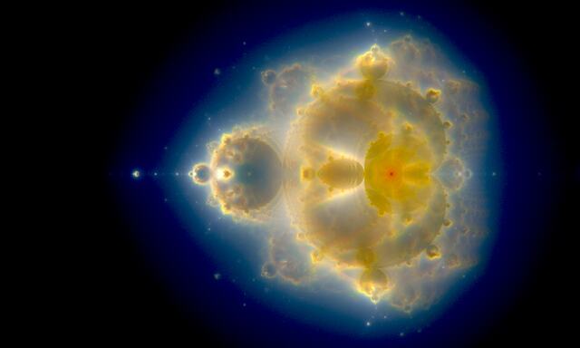 The Nebulabrot look of the whole Mandelbrot set: a glowing yellow and blue cloud on black