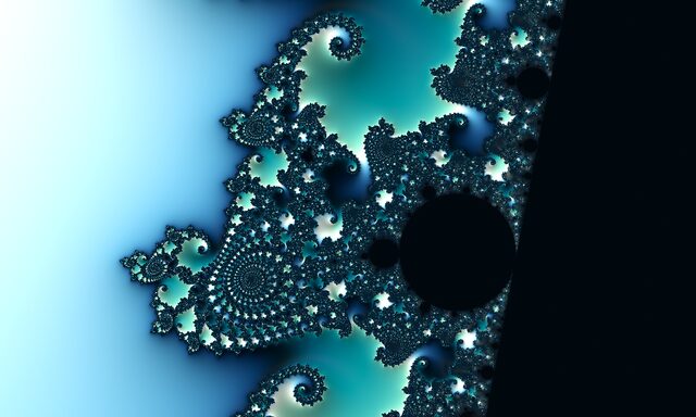 A seahorse: a curled tail of small spirals in teal and white beside a dark round bulb