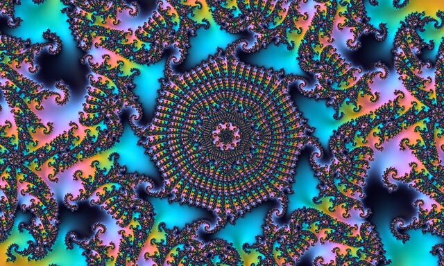 A spiral of smaller spirals winding into a dense, glittering core, in turquoise, pink and violet