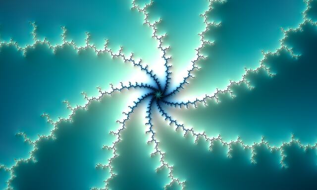 Eight thin, curling arms meeting in a point, dark on turquoise
