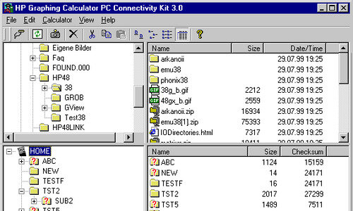 HPComm 3.0 main window with the PC and calculator directory trees side by side