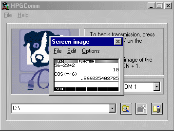 HPGComm screen capture window showing a calculator screen