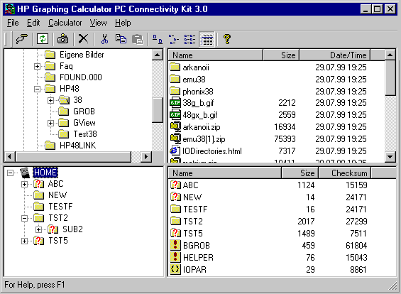 HPComm 3.0 main window with the PC files on the left and the calculator's directory tree on the right