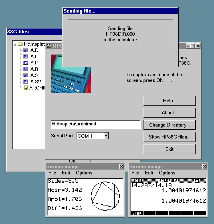 HPComm38 sending a file, with the file tree and two captured calculator screens
