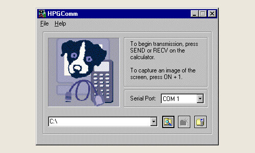 HPGComm 2.0 main window with the serial port selector