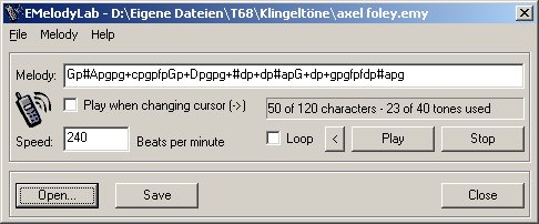 EMelodyLab window with a melody written as note text