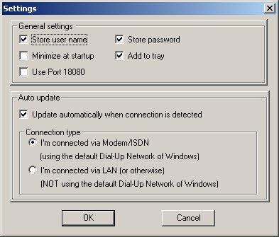 MyIPWinClient settings dialog with general and auto-update options