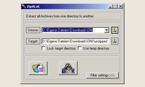 ZipALot main window with source and target directory fields