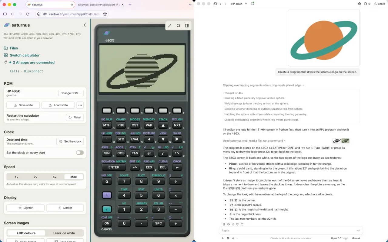 saturnus in Firefox beside the Claude app: asked to create a program that draws the saturnus logo, Claude wrote one, stored it on the emulated HP 48GX and ran it, and the logo shows on the calculator's screen (opens larger)