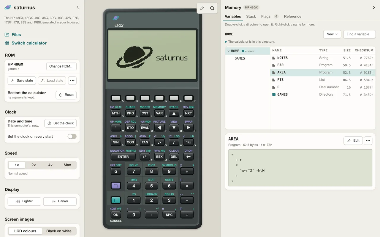 The saturnus app in the browser: an emulated HP 48GX showing the saturnus logo on its screen; on the left its settings, on the right its memory with the variables NOTES, PAR, AREA, PTS, G and the directory GAMES, and the program AREA listed (opens larger)