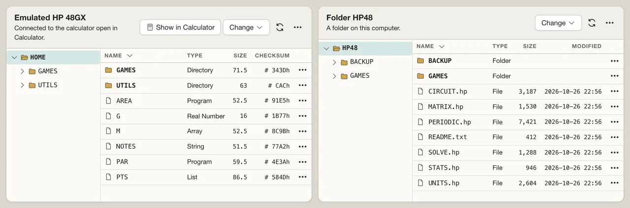 Files with two panes: on the left an emulated HP 48GX, its HOME directory holding the directories GAMES and UTILS and the variables AREA, G, M, NOTES, PAR and PTS; on the right a folder HP48 on the computer with the folders BACKUP and GAMES and files such as SOLVE.hp and UNITS.hp (opens larger)
